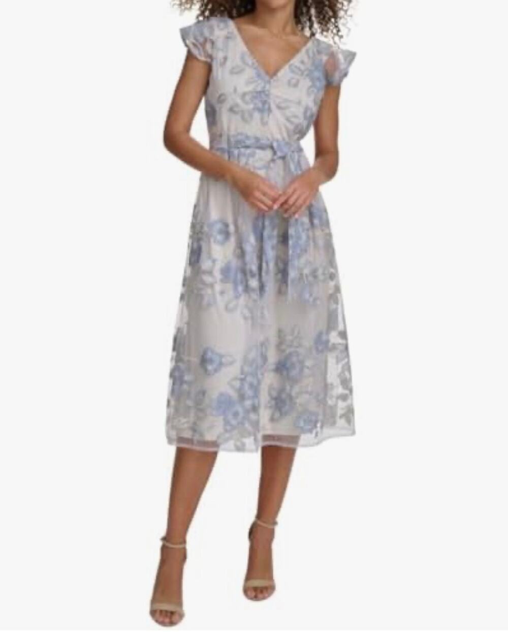 Kensie Blue Floral Mesh Midi Dress Flutter Sleeve Fit & Flare Lace Dress